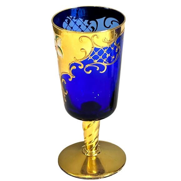 Tre Fuochi Venetian Murano Cobalt Blue Enameled and 24K Gold Decanter+6 Goblets - Picture 7 of 12